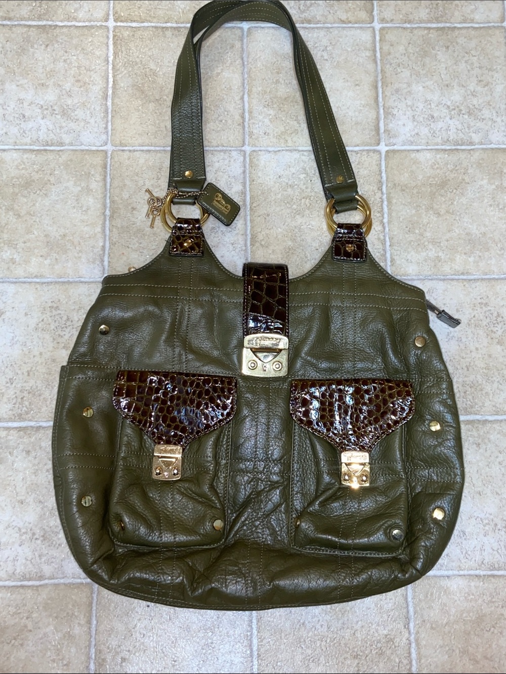Bolzano Olive Green Shoulder Bag with Brown Croc-Effect Accents and Gold Hardwar